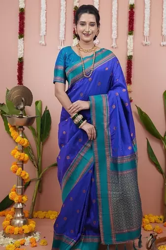 royal blue color narayani woven border zari work soft silk blend saree
