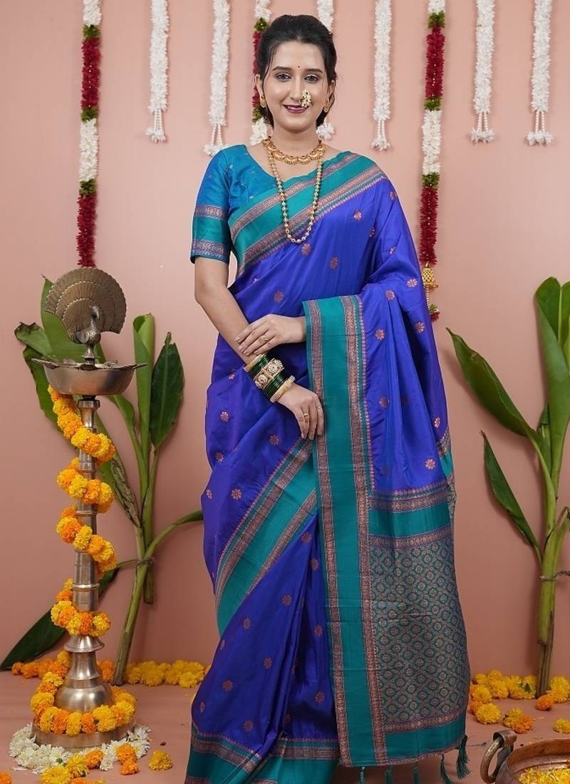 royal blue color narayani woven border zari work soft silk blend saree