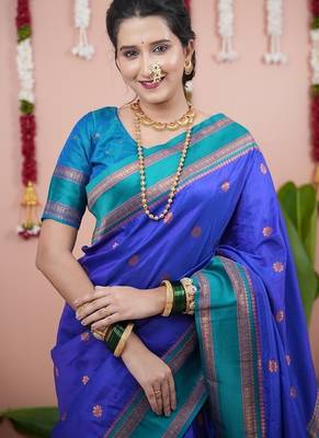 royal blue color narayani woven border zari work soft silk blend saree 2