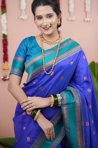 royal blue color narayani woven border zari work soft silk blend saree