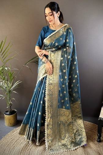 dark rama color banarasi tissue crush zari woven border saree