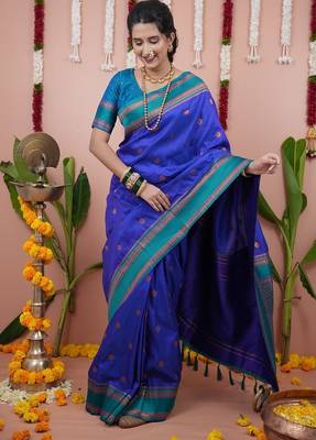 royal blue color narayani woven border zari work soft silk blend saree 4