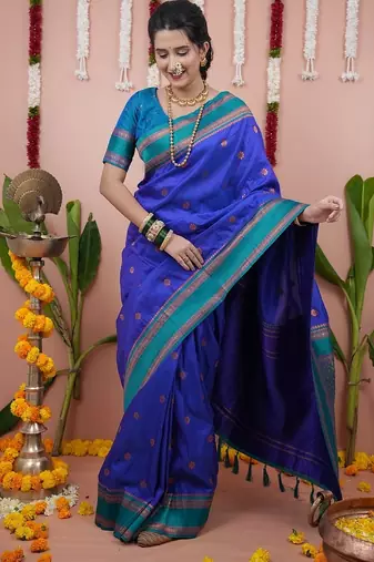 royal blue color narayani woven border zari work soft silk blend saree