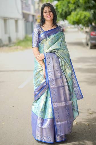 Skyblue color weaving zari border kanjivaram semi silk saree