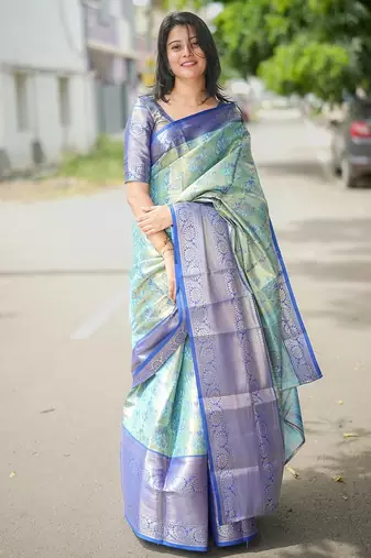 Skyblue color weaving zari border kanjivaram semi silk saree