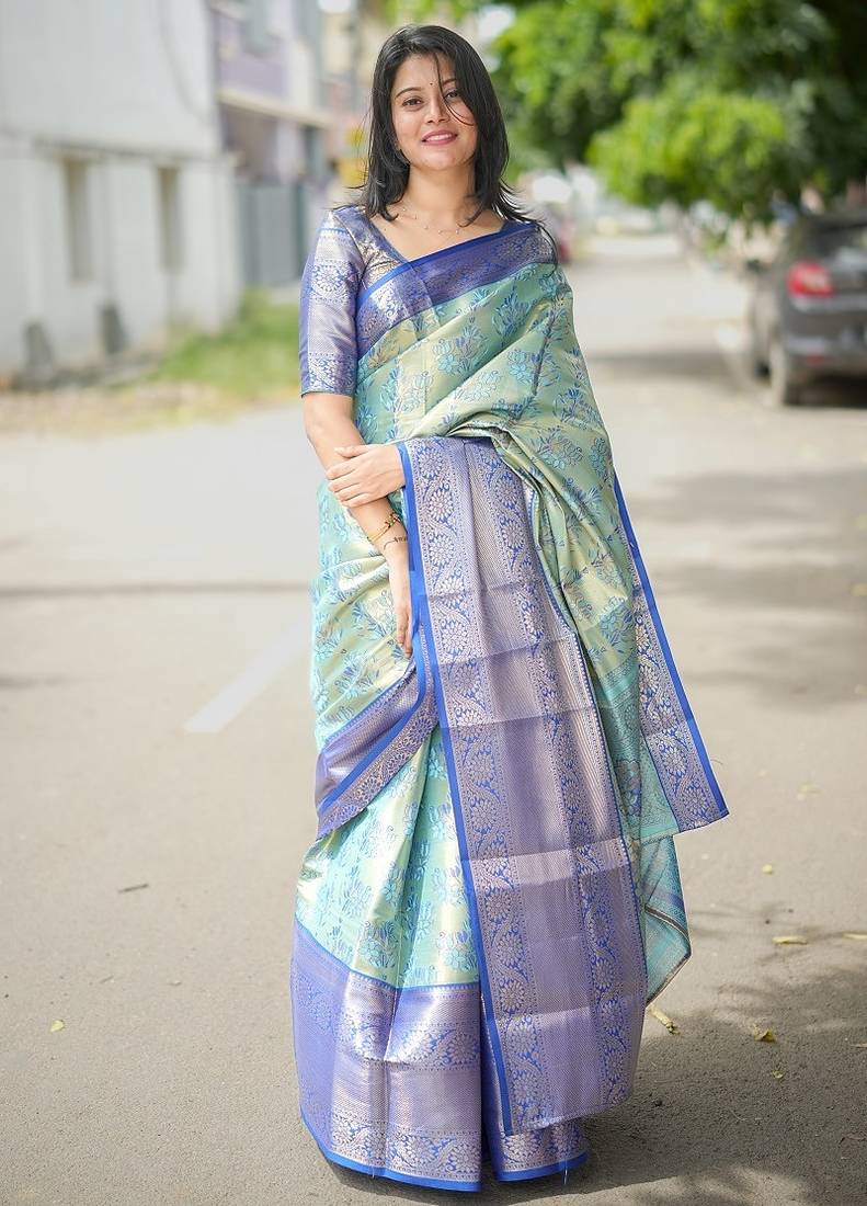 Skyblue color weaving zari border kanjivaram semi silk saree