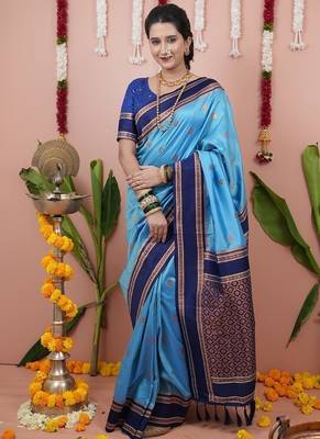 sky blue color narayani woven border zari work soft silk blend saree 1
