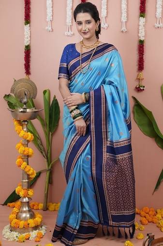 sky blue color narayani woven border zari work soft silk blend saree