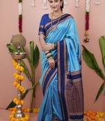 sky blue color narayani woven border zari work soft silk blend saree