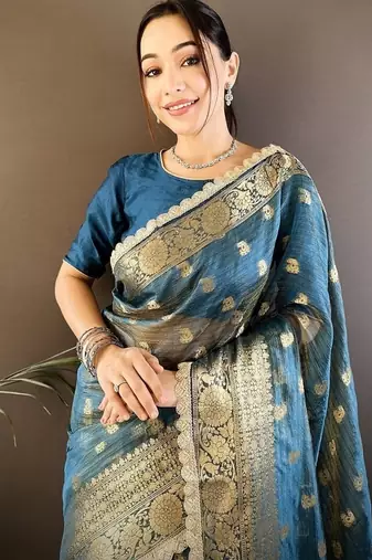 dark rama color banarasi tissue crush zari woven border saree