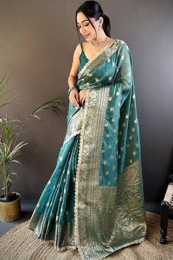 light rama color banarasi tissue crush zari woven border saree