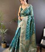 light rama color banarasi tissue crush zari woven border saree