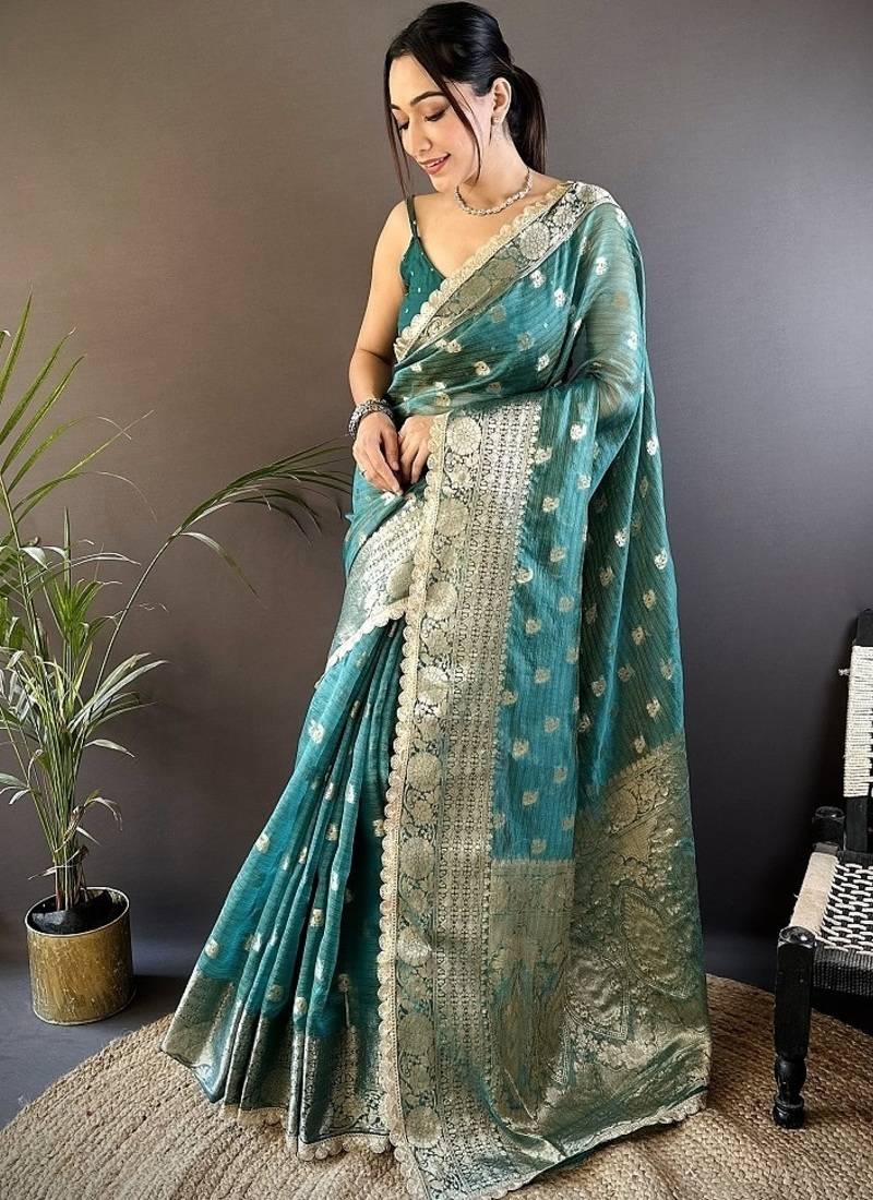 light rama color banarasi tissue crush zari woven border saree