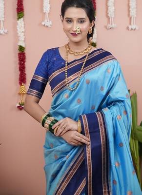 sky blue color narayani woven border zari work soft silk blend saree 2
