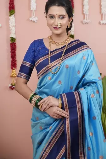 sky blue color narayani woven border zari work soft silk blend saree