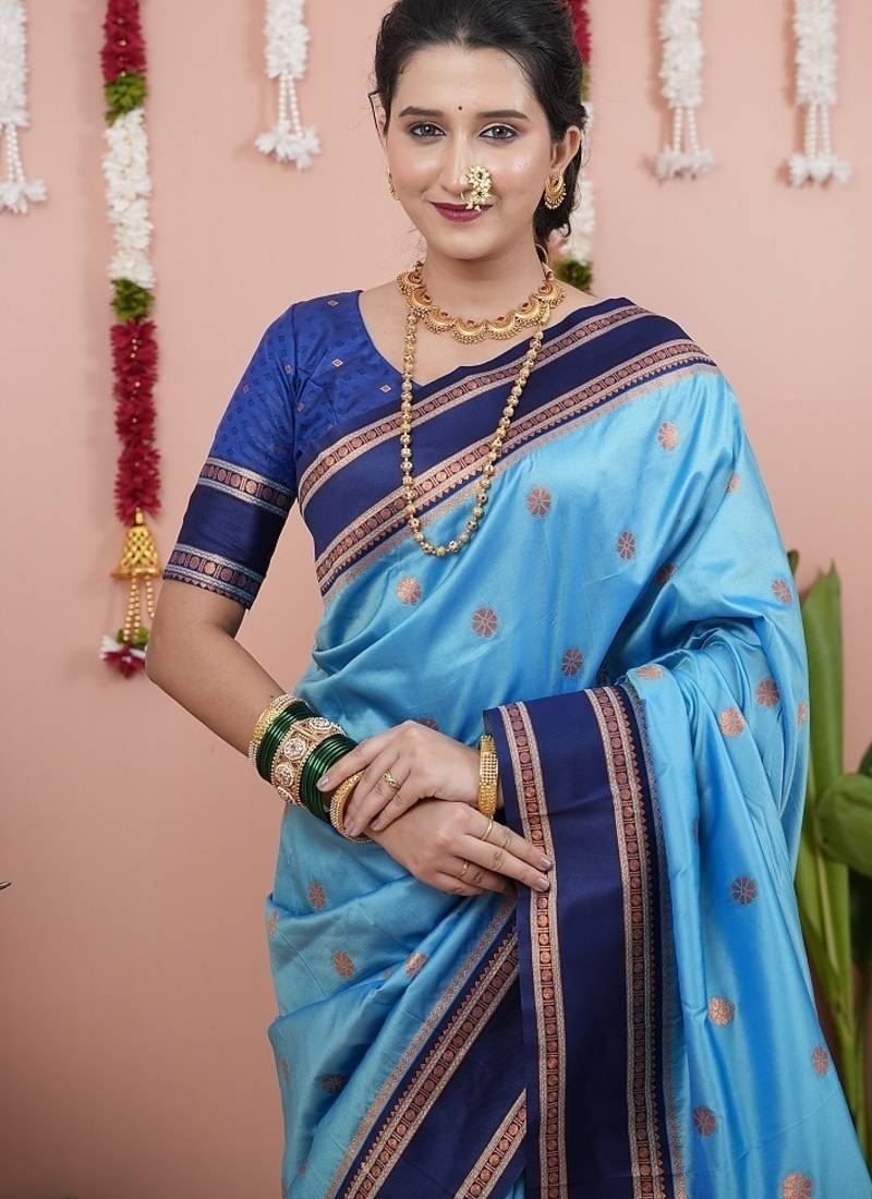 sky blue color narayani woven border zari work soft silk blend saree
