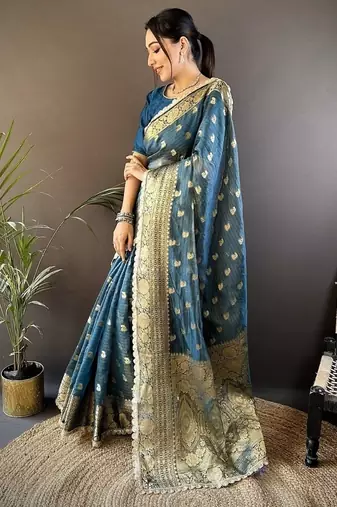 dark rama color banarasi tissue crush zari woven border saree