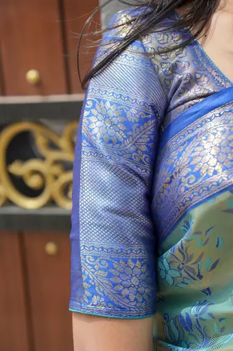 Skyblue color weaving zari border kanjivaram semi silk blend saree