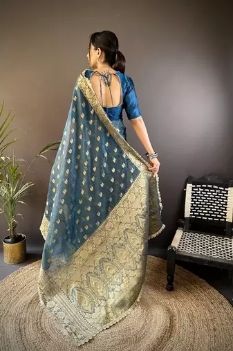 dark rama color banarasi tissue crush zari woven border saree