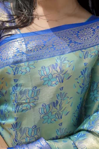 Skyblue color weaving zari border kanjivaram semi silk blend saree