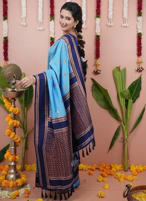 sky blue color narayani woven border zari work soft silk blend saree 4
