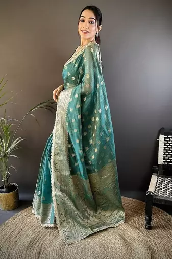 light rama color banarasi tissue crush zari woven border saree
