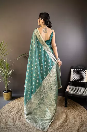 light rama color banarasi tissue crush zari woven border saree