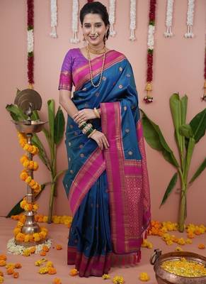 rama blue color narayani woven border zari work soft silk blend saree 1