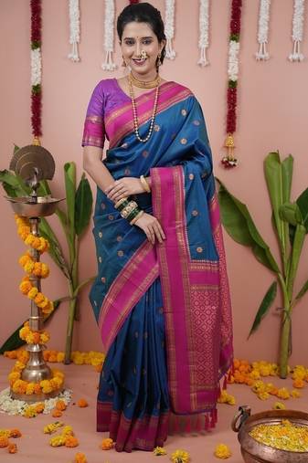 rama blue color narayani woven border zari work soft silk blend saree