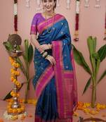 rama blue color narayani woven border zari work soft silk blend saree