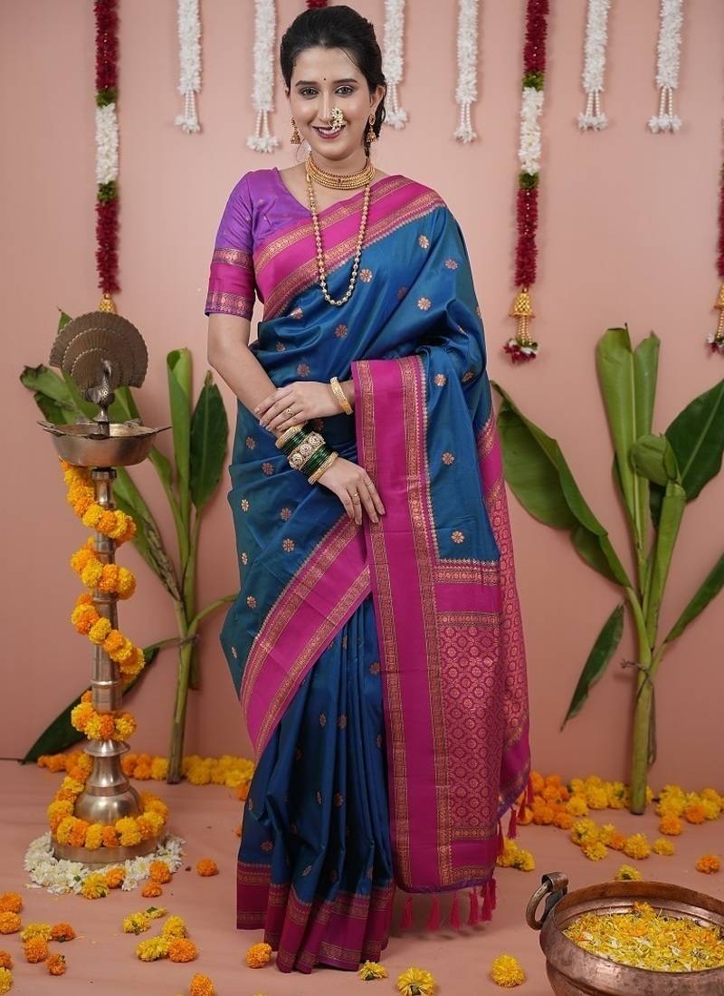 rama blue color narayani woven border zari work soft silk blend saree
