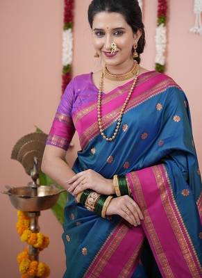 rama blue color narayani woven border zari work soft silk blend saree 2