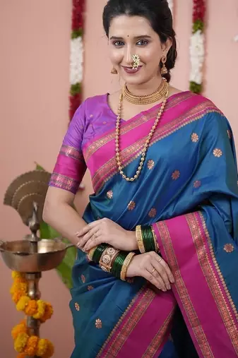 rama blue color narayani woven border zari work soft silk blend saree