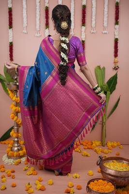 rama blue color narayani woven border zari work soft silk blend saree 3