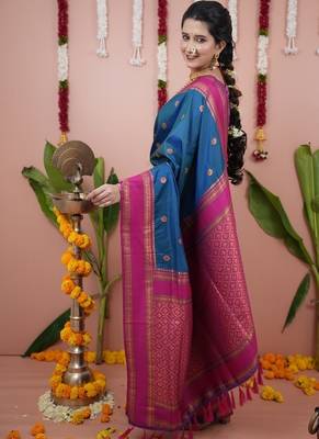 rama blue color narayani woven border zari work soft silk blend saree 4