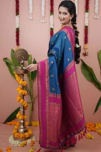 rama blue color narayani woven border zari work soft silk blend saree