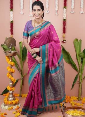 pink color narayani woven border zari work soft silk blend saree 1