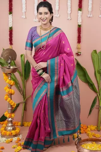 pink color narayani woven border zari work soft silk blend saree