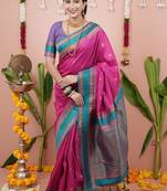 pink color narayani woven border zari work soft silk blend saree