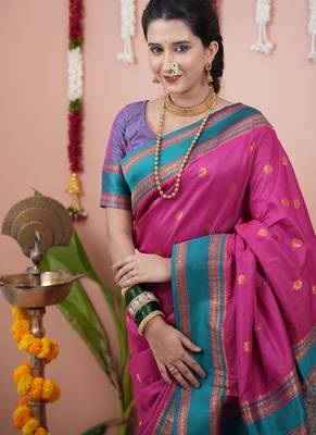 pink color narayani woven border zari work soft silk blend saree 2