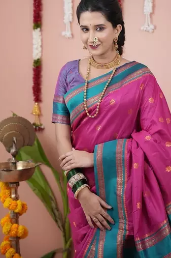 pink color narayani woven border zari work soft silk blend saree