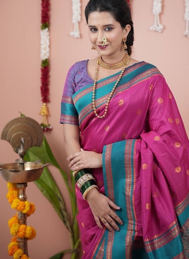 pink color narayani woven border zari work soft silk blend saree
