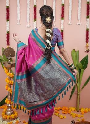 pink color narayani woven border zari work soft silk blend saree 3