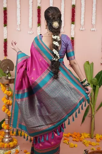 pink color narayani woven border zari work soft silk blend saree