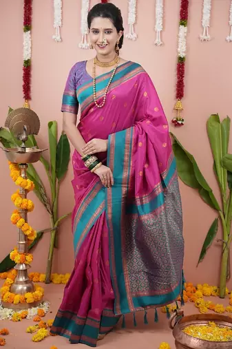 pink color narayani woven border zari work soft silk blend saree