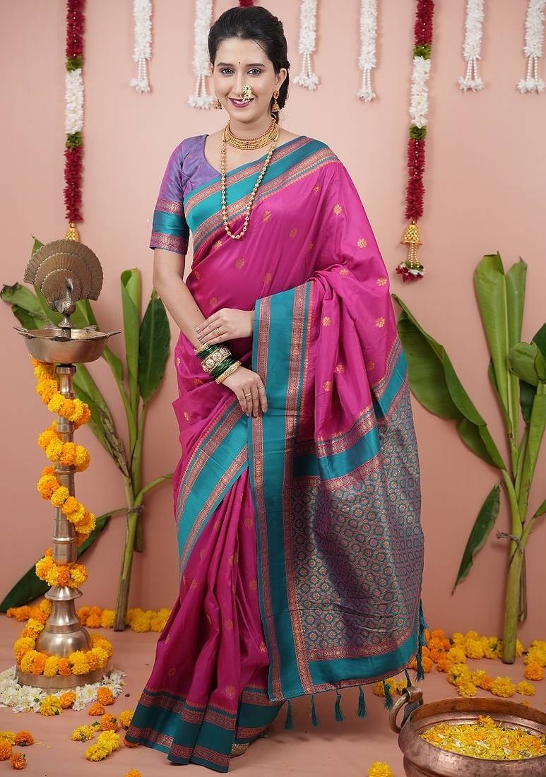 pink color narayani woven border zari work soft silk blend saree