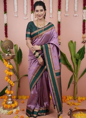 dark levender color narayani woven border zari work soft silk blend saree 1