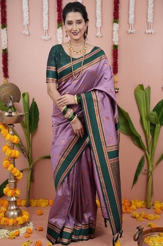 dark levender color narayani woven border zari work soft silk blend saree