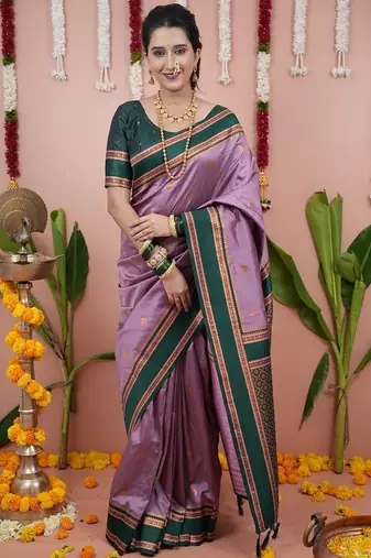 dark levender color narayani woven border zari work soft silk blend saree