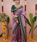 dark levender color narayani woven border zari work soft silk blend saree